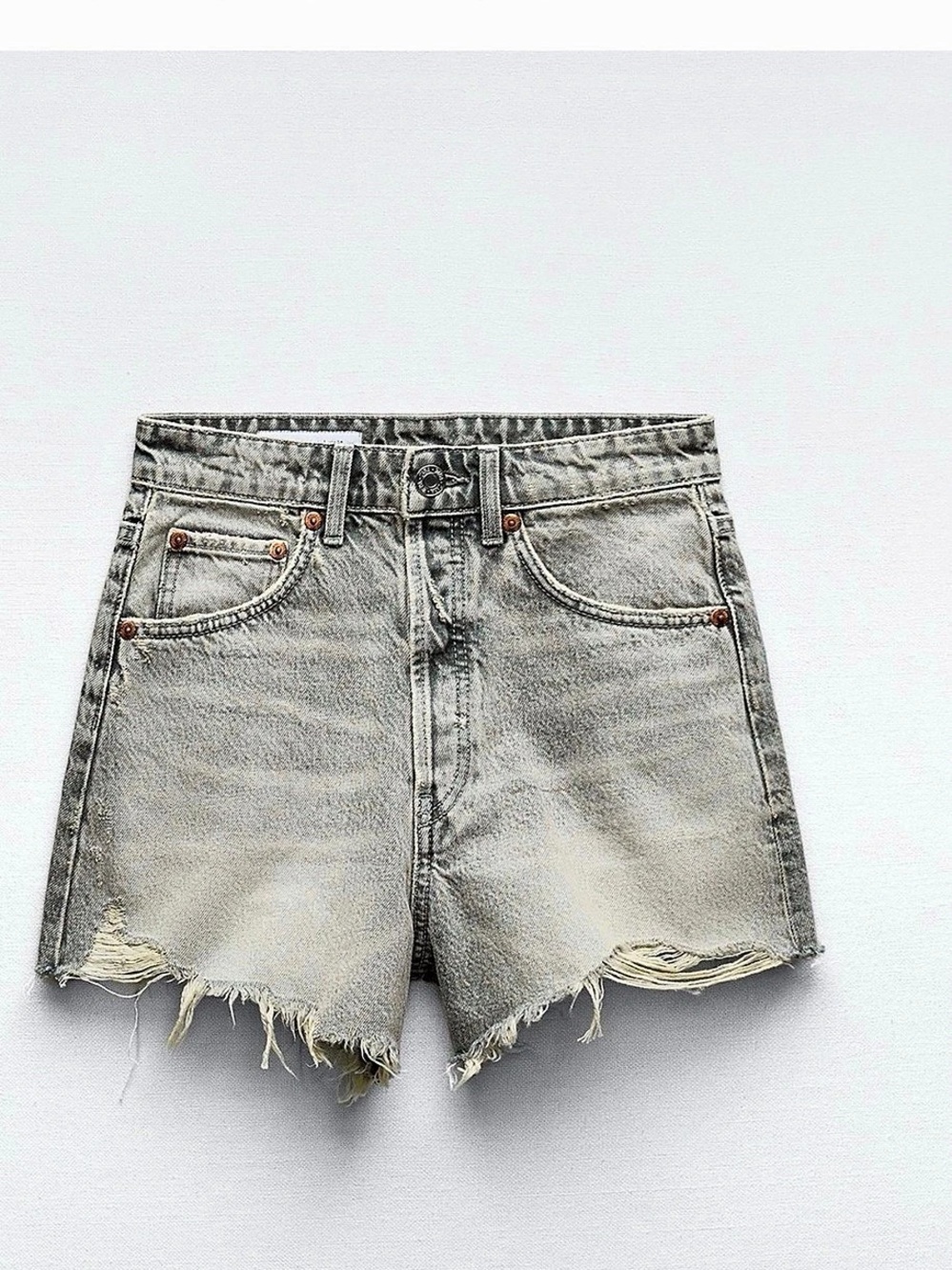 Zara High Waist Ripped TRF Denim Shorts Gray